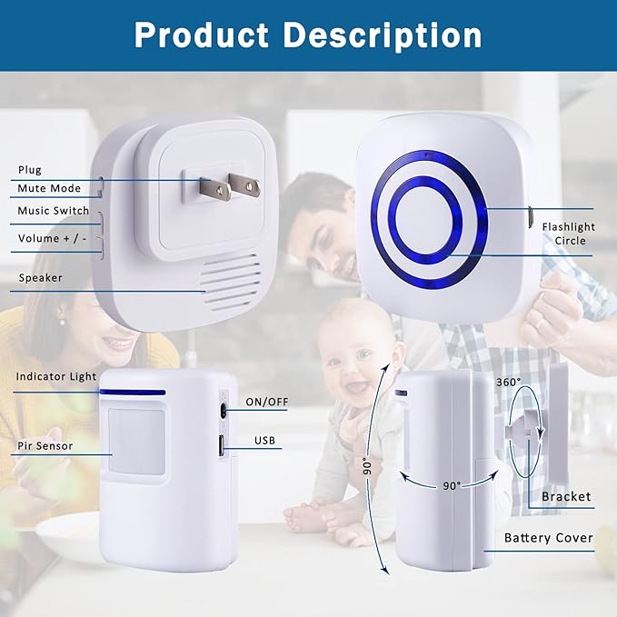 Motion Sensor Alarm - Seanme Wireless Driveway Alarm 100m Long Distance Signal Transmission, Home Security Alarm System Motion Sensor Doorbell with 38 Chime Tunes (1 reciver and 2 Sensor)