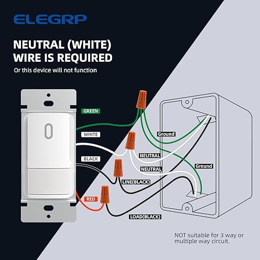 ELEGRP Matte White Single Pole Occupancy Motion Sensor Light Switch, Need Neutral Wire, 120° Sensor Coverage PIR Infrared Motion Activated, for CFL/LED/MLV/INC/HAL/Fan, UL,2 Pack