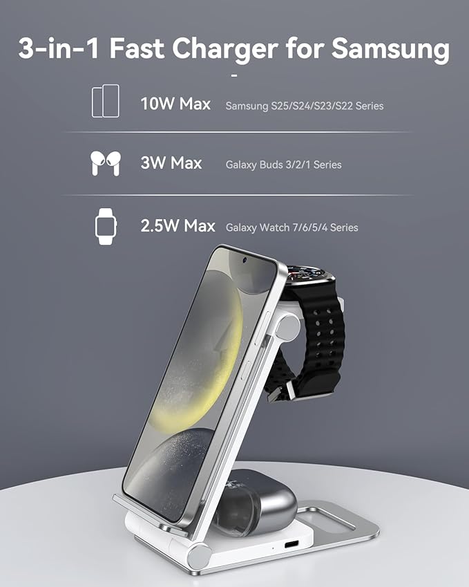 Wireless Charger for Samsung 3 in 1 Wireless Charging Station Foldable Wireless Charger Stand for Galaxy S25 S24 S23 S22 S21 Ultra/Plus Z Flip Z Fold 7 6 5 4 3 for Galaxy Watch/Galaxy Buds