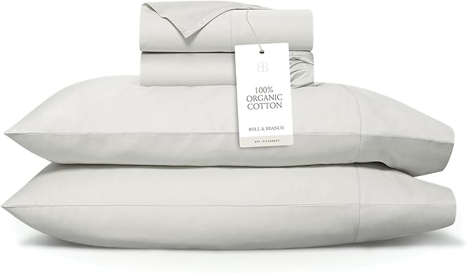BOLL & BRANCH Signature Hemmed Sheet Set - Split King, Mist - Luxury 100% Organic Cotton - Includes 1 Flat, 2 Fitted, 2 Pillowcases - Buttery Soft