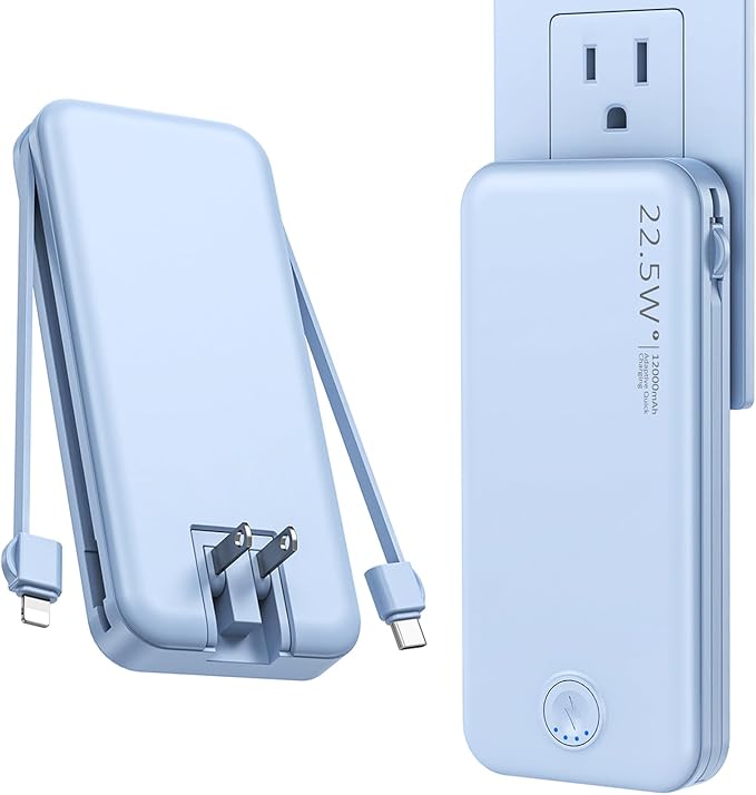 Nusyddy Portable Charger, 12000mAh 22.5W Fast Charging Power Bank with Built-in Cables & Wall Plug, Travel Essentials External Battery Pack, USB C Battery Phone Charger for iPhone, Samsung Light Blue