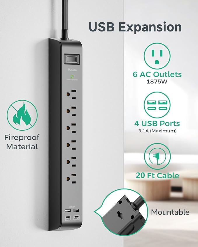 2 Pack Surge Protector Power Strip with 6 Outlets 4 USB Ports (2 USB C) 20-Foot Extension Cord Flat Plug 900 Joules 15A Circuit Breaker Wall Mount Desk USB Charging Station for Home Office