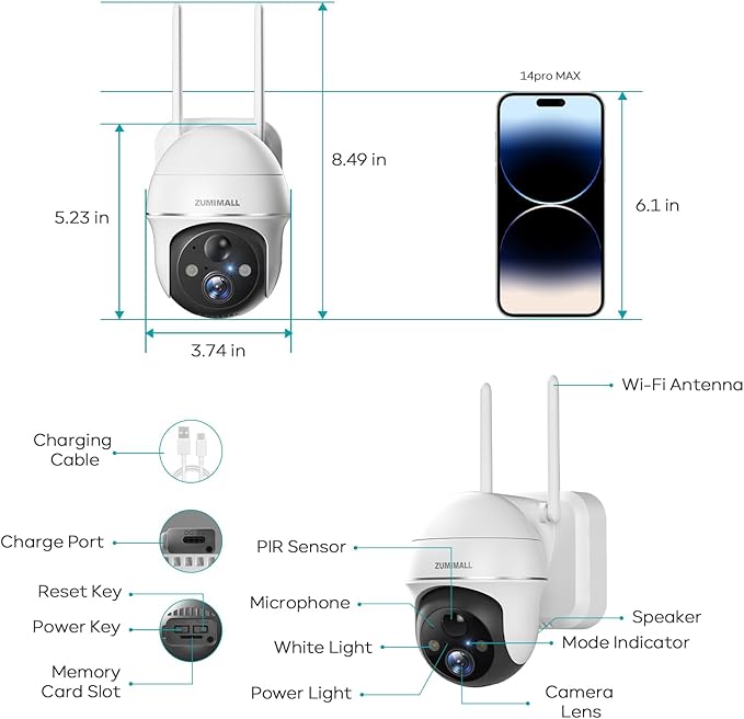 ZUMIMALL 2K Solar Security Cameras, 360° View Outdoor Camera Wireless Solar Powered, 2.4G WiFi Only, Spotlight/Siren/3MP Color Night Vision/2-Way Audio/AI Detection/IP66, Work with Alexa, 4-Pack