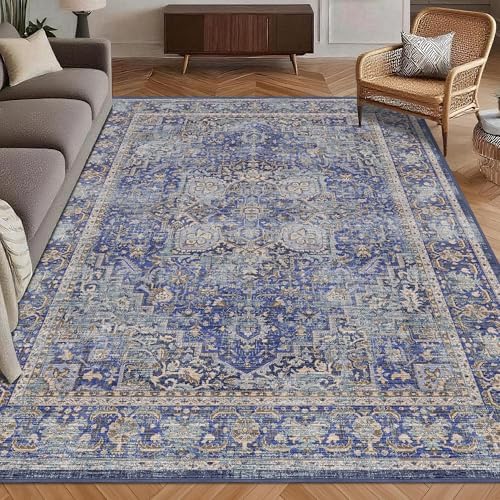 Washable Area Rug 6' x 9' Vintage Traditional Persian Mat - Foldable Distressed Non-Slip Machine Washable Carpet for Living Room Bedroom Kitchen Home Decor - Indigo and Gold by Unknown
