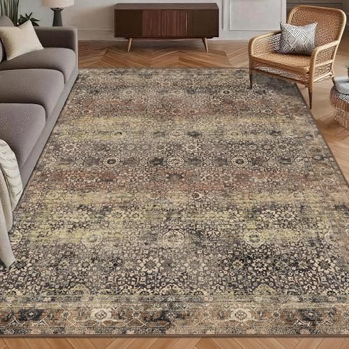 Washable Area Rug 6' x 9' Vintage Traditional Persian Mat - Foldable Distressed Non-Slip Machine Washable Carpet for Living Room Bedroom Kitchen Home Decor - Umber and Slate by Unknown