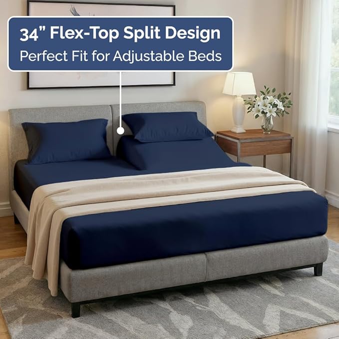 Split Head King Sheets Set - Top Split King Sheets for Adjustable Beds, Easy-Fit Split Head King Mattress - Flex Split Top King Sheets, Easy-Fit, Breathable, Deep Pocket Split King Sheets - Navy Blue