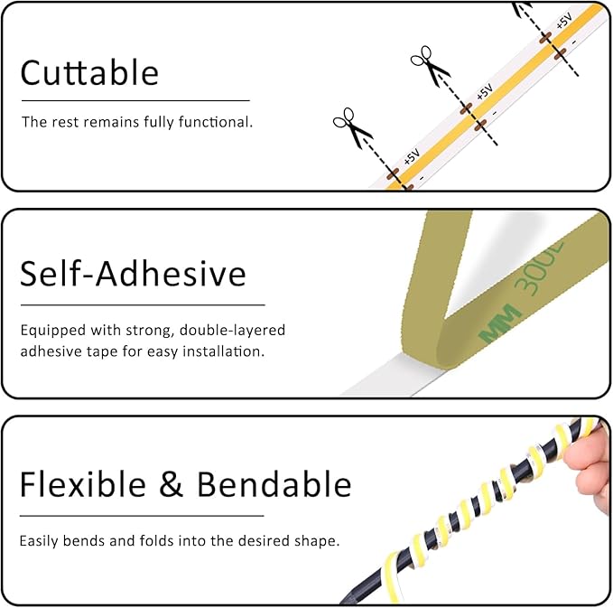 UVTaoYuan Led Strip Lights 5V USB Short COB LED Strip Light 3Pack 3000K Warm White Small Flexible Not Dimmable USB led Lights for Indoor Home DIY Lighting Room Decor 5V LED TV Lights (3.28FT/1M*3)