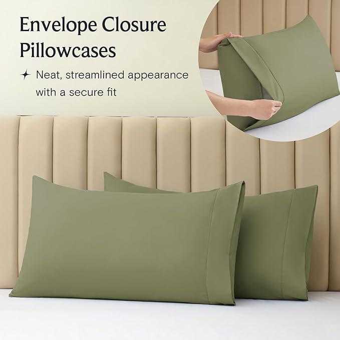 LuxClub 4 PC Full Sheet Set, Deep Pockets Wrinkle Free Cooling Bed Sheets Hotel Bedding for Women, Men, Kids & Teens, Includes 1 Fitted Sheet, 1 Flat Sheet and 2 Pillowcases-Soft Olive