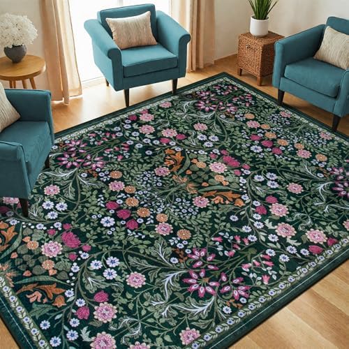 PLHXFR 6x9 Area Rug Living Room: Floral Washable Boho Carpet Dark Green - Image 2