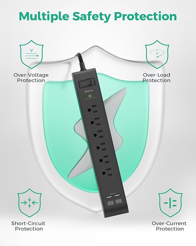 2 Pack Surge Protector Power Strip with 6 Outlets 4 USB Ports (2 USB C) 15-Foot Extension Cord Flat Plug 900 Joules 15A Circuit Breaker Wall Mount Desk USB Charging Station for Home Office