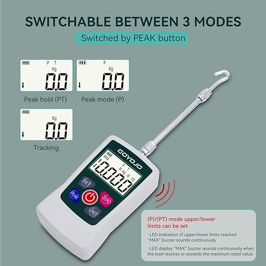 GOYOJO Digital Force Gauge High-Precision Push-Pull Meter for Tension & Compression Testing Units (N, kg, lb, oz) Real-Time/Peak/First Peak Modes Ideal for Quality Control & Material Testing (2N)
