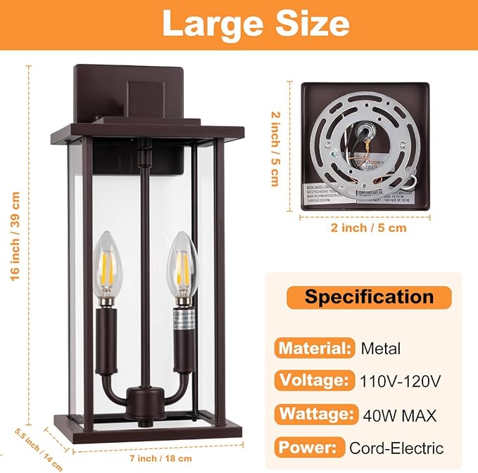 SIAFAVOI 2-Pack 16" Large Outdoor Wall Light Fixtures, 2-Light Exterior Front Porch Light, Brushed Outdoor Sconce Lights, Waterproof Farmhouse Lamp Lighting (Bronze, 16in No Sensor)