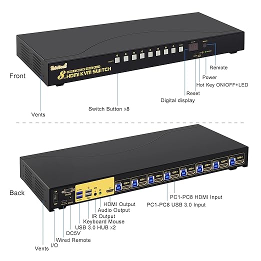 JideTech 8-Port HDMI KVM Switch 4K@60Hz with USB 3.0 Hub, Audio Support, Keyboard & Mouse Hotkey, Remote Control, Rack Mount 1U for Windows/Mac/Linux