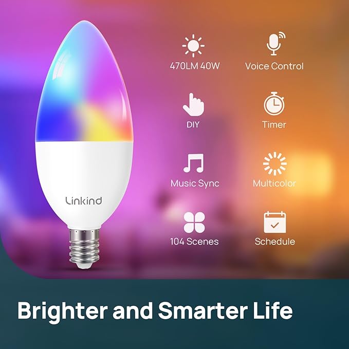 Linkind Matter Smart Bulbs, E12 Led Bulb Works with Alexa/Apple Home/Google Home, Smart Light Bulbs, WiFi Candelabra B11 Bulbs, RGBTW Color Changing Light Bulb, 2.4Ghz WiFi Bulb, 470 LM 6Pack