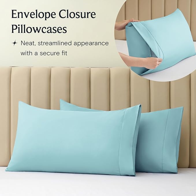 LuxClub 4 PC King Sheet Set, Deep Pockets Wrinkle Free Cooling Bed Sheets Hotel Bedding for Women, Men, Includes 1 Fitted Sheet, 1 Flat Sheet and 2 Pillowcases-Silky Soft Aqua