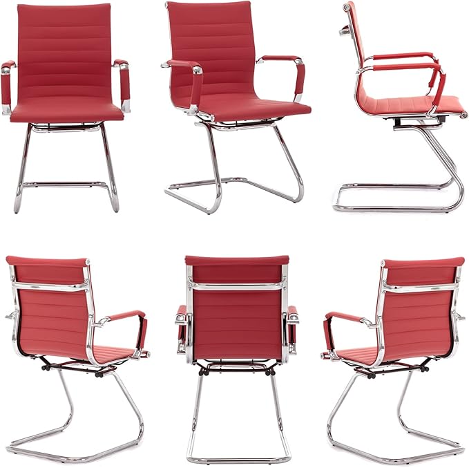 Wahson Office Guest Chairs Set of 6, Leather Reception Chairs, Mid Back Waiting Room Chair, Conference Chairs with Sled Base, Desk Chair No Wheels for Meeting/Lobby/Restroom, Dark Red
