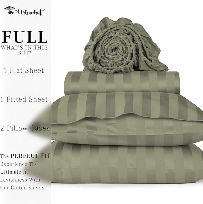 URBANHUT 800 Thread Count 100% Cotton Damask Full Size Sheets, 4 Piece Striped Full Size Bedsheets, Luxury Hotel Sheets Sateen Weave - Better Than Egyptian, 16" Elasticized Deep Pocket- Sage