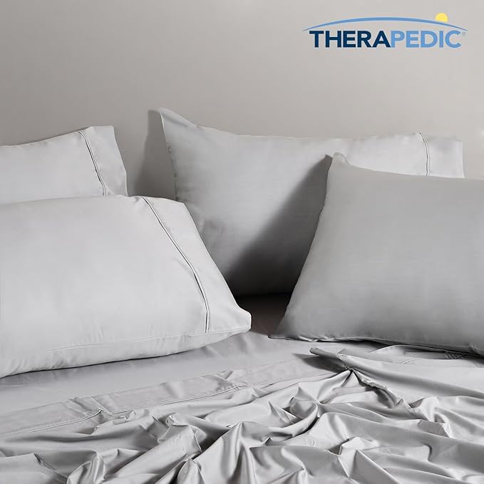 Therapedic 1000TC King 6-Piece Sheet Set - 100% Organic Rayon Derived from Bamboo Blend with Cooling Fiber, Ideal for Hot Sleepers - 16" Deep Pocket Fitted Sheet, Bonus Pillowcases - Light Grey