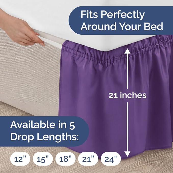 Wrap Around Dust Ruffle Bed Skirt - Purple - Twin/Twin XL Size Beds with 21 Inch Drop - Easy Fit Elastic Strap - Adjustable Pleated Bedskirt w/Brushed Fabric - Wrinkle Free - Women, Men, Kids & Teens