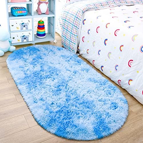 Noahas Oval Fluffy Blue Rainbow Rug 2.6X5.3 Small Kids Rugs for Bedroom Girls And Boys Aesthetic,Bedside Bedroom Rug,Ultra Soft Runner Carpet Modern Shaggy Nursery Area Rugs Home D飯r by ModernHomeDecor