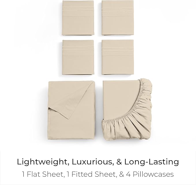 Mellanni Queen Sheet Set - 6-Piece Iconic Collection Bedding, (Including 4 Pillowcases), 16-Inch Deep Pocket, Easy Care, Extra Soft, Cooling Sheets, Brushed Microfiber - Beige