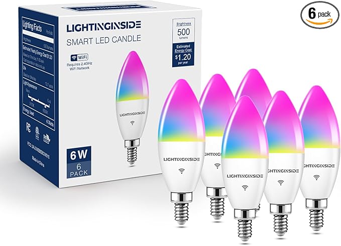 Lightinginside E12 Smart Light Bulbs 60W Equiv., Work with Alexa/Google Home/Smart Life, 500LM 6W RGBCW Candle Candelabra LED Light Bulbs, No Hub Required, 2.4G WiFi Bluetooth Bulb, ETL Listed, 6PCS