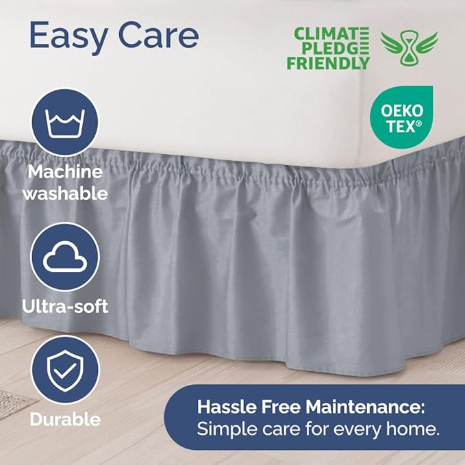 Wrap Around Dust Ruffle Bed Skirt - Steel Blue - for Full Size Beds w/ 12 Inch Drop - Easy Fit Elastic Strap - Adjustable Pleated Bedskirt w/Brushed Fabric - Wrinkle Free, Women, Men, Kids & Teens
