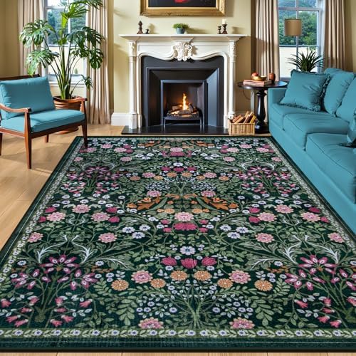 PLHXFR Area Rug 10x14 Living Room: Floral Washable Boho Carpet Dark Green by PLHXFRSoftAreaRugs