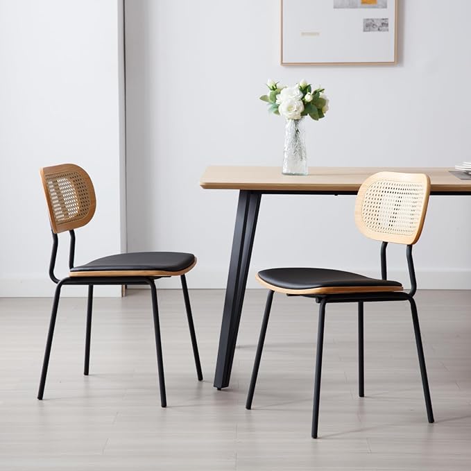 HEAH-YO Modern Dining Chairs Set of 6, Upholstered Faux Leather Dining Room Chairs with Rattan Backrest and Metal Legs, Armless Kitchen Chairs for Dining Room, Black