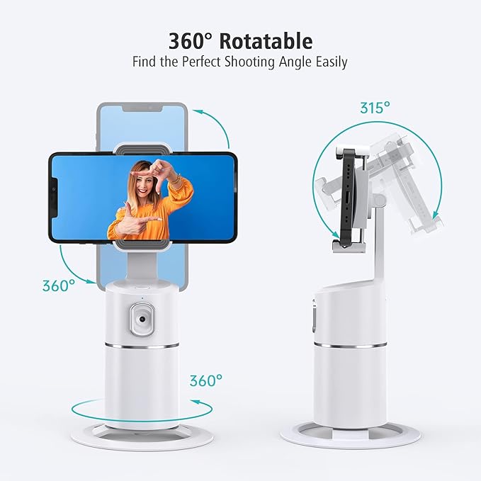 camrola Auto Face Tracking Phone Holder, No App Required, 360° Rotation Face Body Phone Tracking Tripod Smart Shooting Camera Mount for Live Vlog Streaming Video, Rechargeable Battery-White
