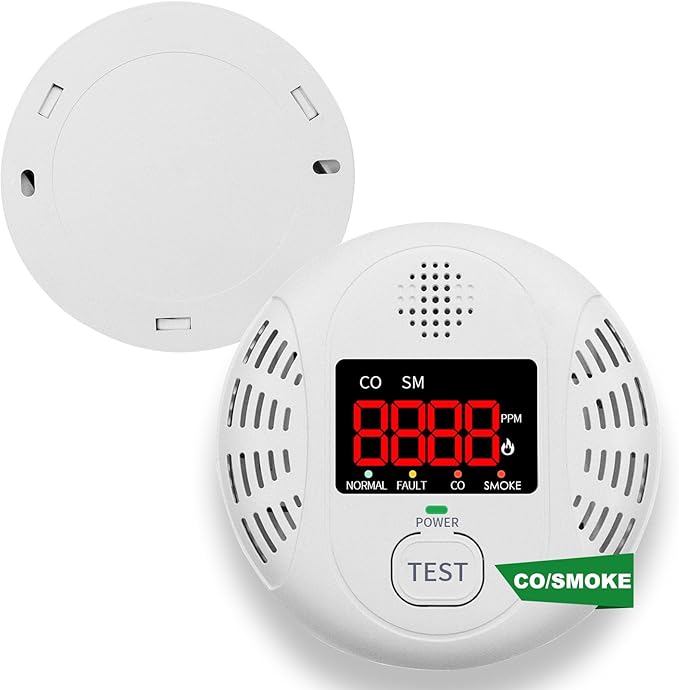 Vzmcov Carbon Monoxide and Smoke Detector Equipped with LCD Display, Battery Powered, Dual Sensor Alarm, 85dB Voice Alarm and Real-time CO Tracking, Suitable for Home/Kitchen/Bedroom/RV 1-Pack