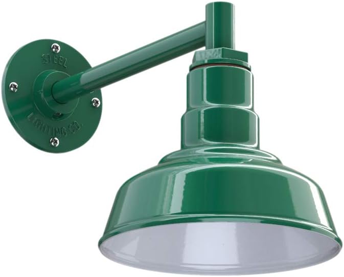 Steel Lighting Co. Hawthorne Barn Light | Outdoor Wall Mounted | 8 inch Dome | 11 inch Straight Arm| Small Farmhouse Light Made in America | Green Exterior/White Interior