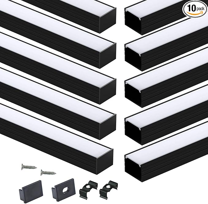 Muzata 10Pack 6.6FT/2M Plus-Size Spotless LED Channel Black LED Strip Diffuser Channel with Milky Frosted White Diffuser Cover U103 BW 2M
