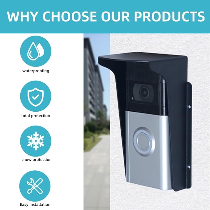 Doorbell Rain Cover Weatherproof,Anti Glare Sun Shade Protection,Fingerprint Lock Waterproof Cover,Black Metal Outdoor Access Control Keypad Cover, Compatible with Ring/Google/Arlo/Kasa/Eufy/Kamep