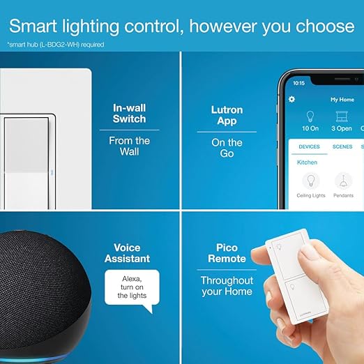 Lutron Claro Smart Light Switch for Caseta Lighting, for LED Lights, Fans, 5 Amp, Single-Pole/3-Way, Neutral Required, DVRF-5NS-IV, Ivory