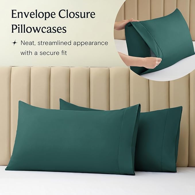 LuxClub 4 PC King Sheet Set, Deep Pockets Wrinkle Free Cooling Bed Sheets Hotel Bedding for Women, Men, Includes 1 Fitted Sheet, 1 Flat Sheet and 2 Pillowcases-Silky Soft Emerald