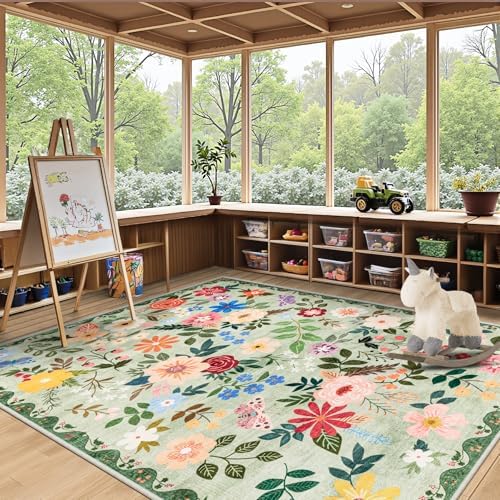 PLHXFR Area Rug Living Room: 4x6 Floral Washable Boho Soft Carpet Green - Image 5