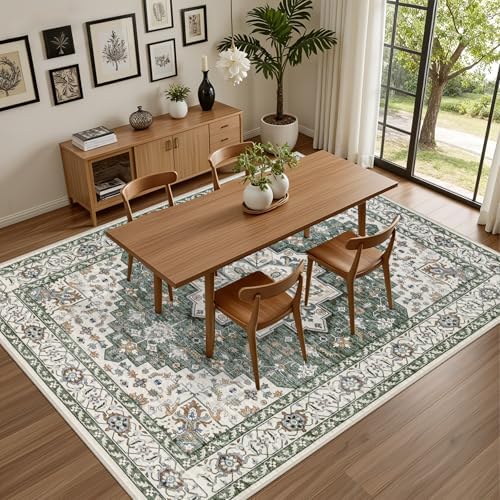 8x10 Area Rugs Living Room: Washable Rug for Bedroom Green Ivory - Image 5