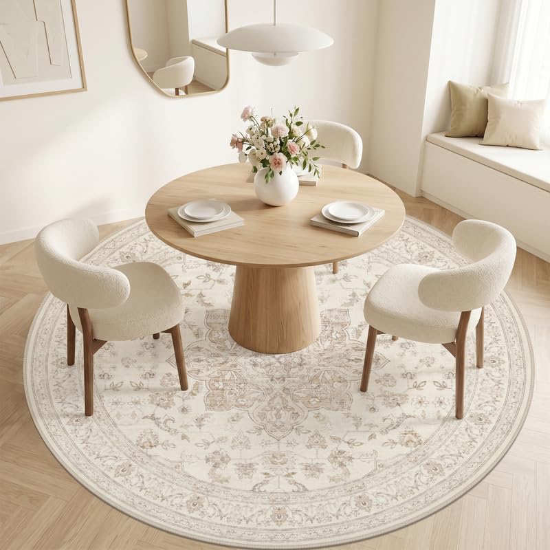 Round Area Rug Living Room: 6ft Washable Carpet Beige White - Image 2