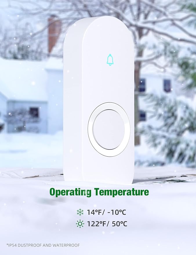 AIDA Lighted Wireless Doorbell for Home, Waterproof Battery Doorbell Wireless 1,000ft Range, 5 Volume Levels with 58 Chimes & LED Flash on Receiver (White, 1 Button & 1 Receiver)