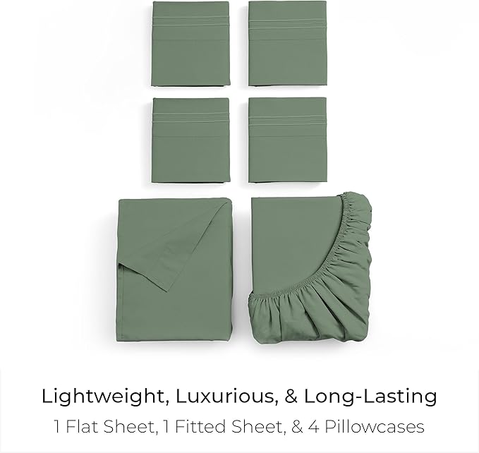 Mellanni King Sheet Set - 6-Piece Iconic Collection Bedding, (Including 4 Pillowcases), 16-Inch Deep Pocket, Easy Care, Extra Soft, Cooling Sheets, Brushed Microfiber - Sage