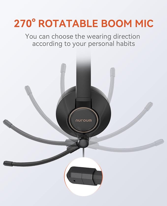 NUROUM HP11SU USB Headset with Microphone for PC, Single-Ear Headphones with ENC Boom Mic, Wired Computer Headset with Inline Control, USB A/Type-C/3.5mm for Work/Home Office/Call Center Zoom/Teams