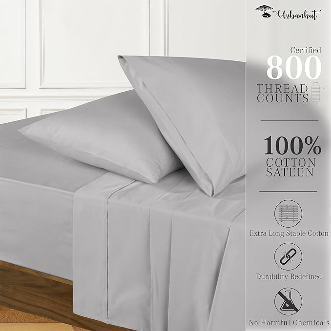 URBANHUT 800 Thread Count 100% Cotton Queen Size Sheets, Luxury 4 Piece Queen Bedsheets, Hotel Sheets Sateen Finish - Better Than Egyptian, 16" Elasticized Deep Pocket - Silver Grey