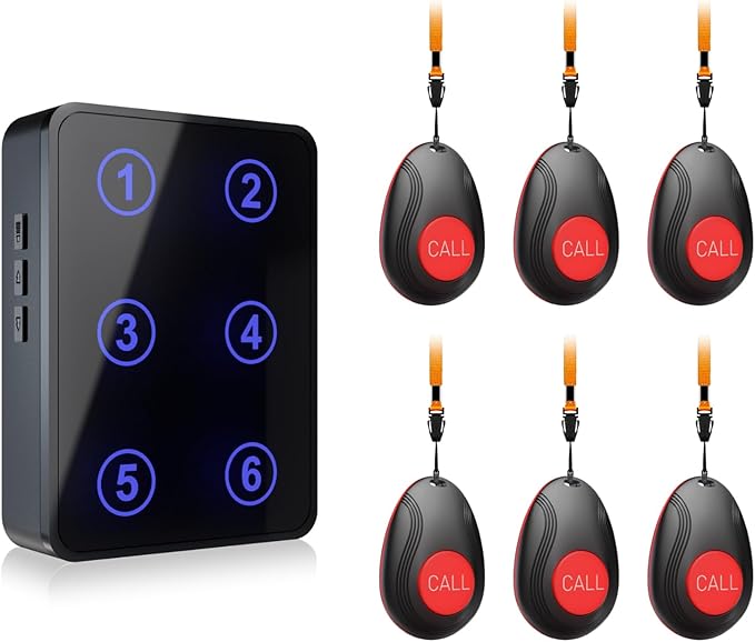 CallToU Wireless Call Button Caregiver Pager Nurse Call System for Elderly/Patients at Home/Hospital with Voice Announcements and LED Number Display (6 Waterproof Call Button & 1 Receiver)