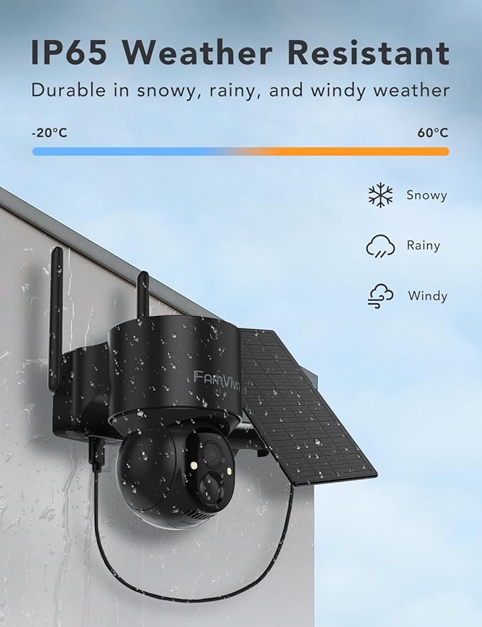 FAMVIVA 2K Solar Security Cameras Wireless Outdoor, 360°PTZ Battery Powered Cameras for Home Security, 2.4G WiFi Outdoor Camera with Color Night Vision, IP66 Waterproof, Motion Sensor Alarm, Black