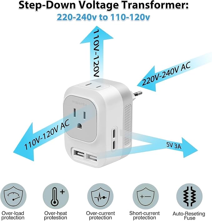 Mapambo Voltage Converter US to Europe Travel: International Universal Travel Adapter with Fast Charging 2 USB-A 2 USB-C Port Worldwide Power Converters Plug Combo for Spain Italy (White)
