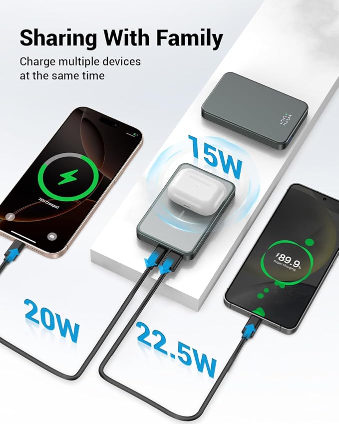 POAQCIF for Magsafe Portable Charger, Aluminum Alloy Small 10000mAh 20W PD Magnetic Power Bank, USB-C in&Out Wireless Battery Pack Phone Charger for iPhone 16/15/14/13/12 Plus Pro Max Series -Gray