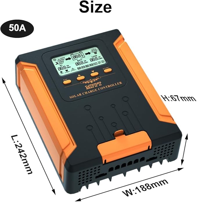 iSunergy 50A 180V MPPT Solar Charge Controller 12V/24V/36V/48V Auto, Heat-Dissipating Metal Housing, Dual Fans, and LCD Display, for LiFePO4, Gel, Lithium, SLD, FLD, and Ternary Battery