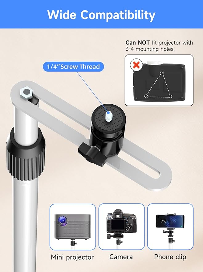 suptek 63.9” Extendable Projector Stand Against Wall Hidden Stand, 360°Swivel, Height Adjustable, Mini Projector Mount Bracket, Compatible with Home Office Video Vlog DVR Camera, PR001FPLW