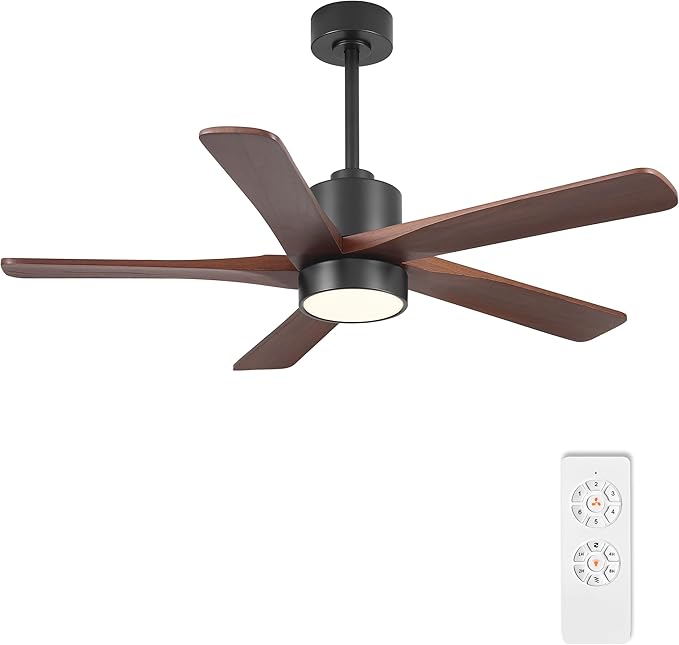 WINGBO 48 Inch DC Ceiling Fan with Lights and Remote Control, 5 Carved Solid Wood Blades, 6-Speed Noiseless Reversible DC Motor, Indoor Ceiling Fan in Matte Black Finish with Walnut Blades